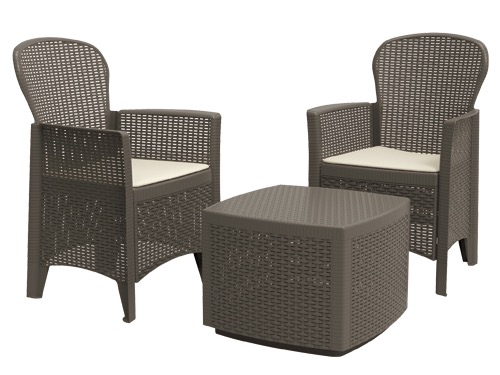 Set da Giardino in Resina Effetto Rattan con Tavolo Contenitore + 2 Poltrone con Cuscini TREE