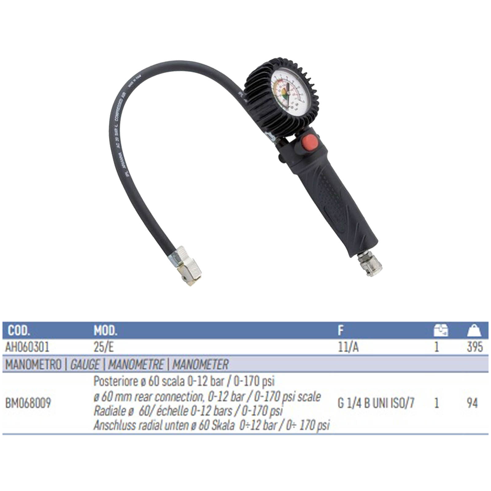 Pistola per Gonfiaggio Pneumatici ANI con Manometro 60mm per Compressore Controllo Pressione Professionale 25/E - immagine 3